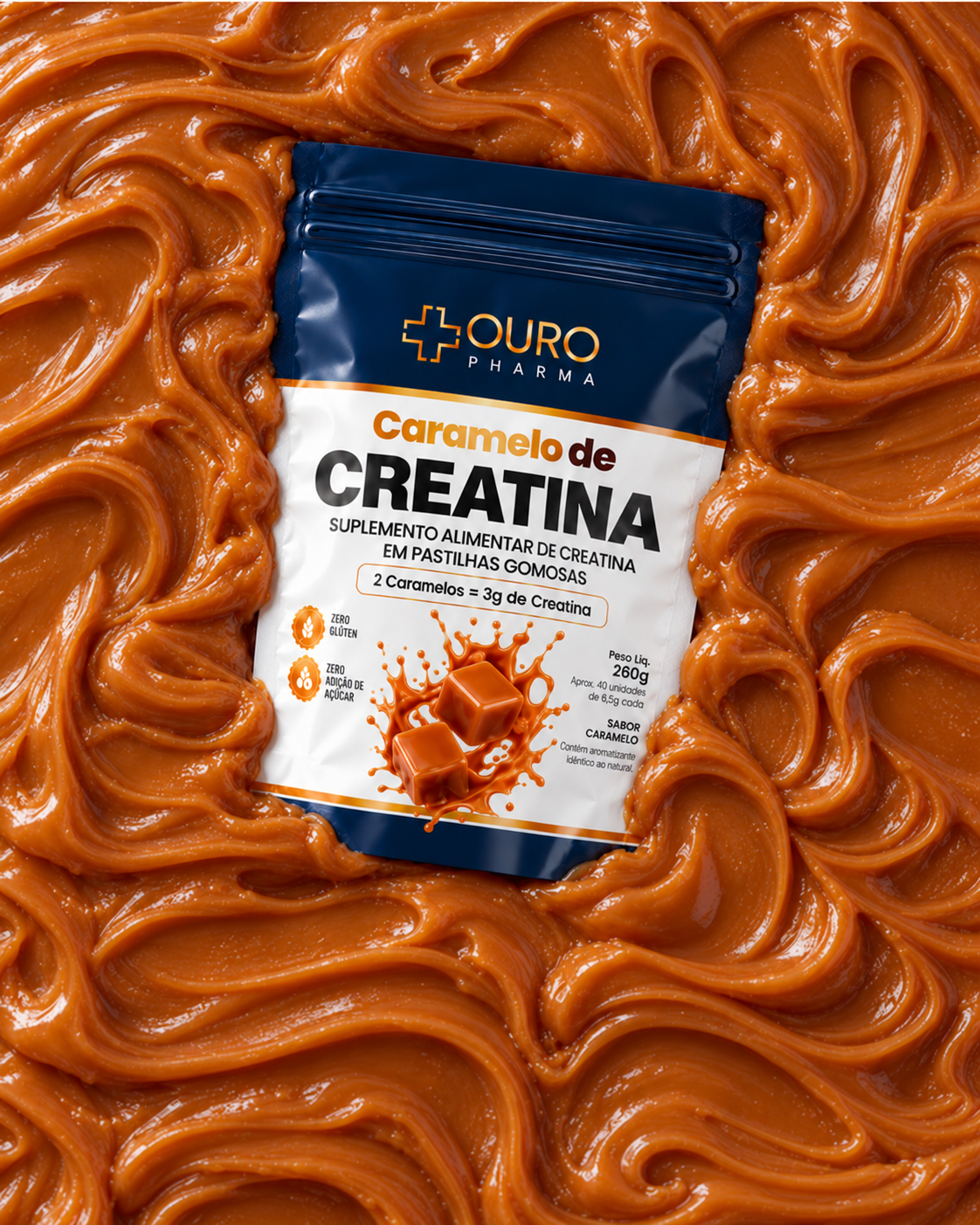 Caramelo de Creatina sabor caramelo sobre fundo de caramelo cremoso