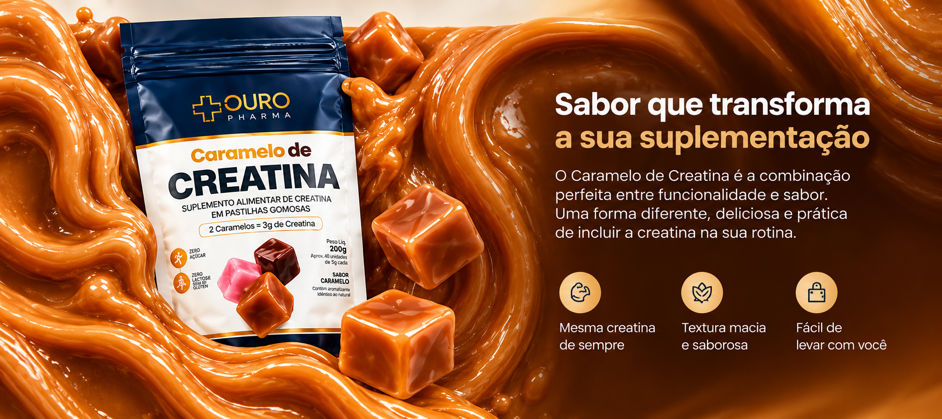 Sabor que transforma a sua suplementação: mesma creatina de sempre, textura macia e saborosa, fácil de levar com você
