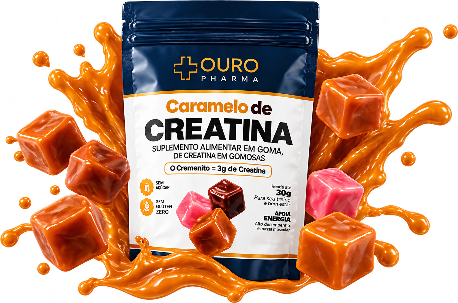 Caramelo de Creatina Ouro Pharma com splash de caramelo
