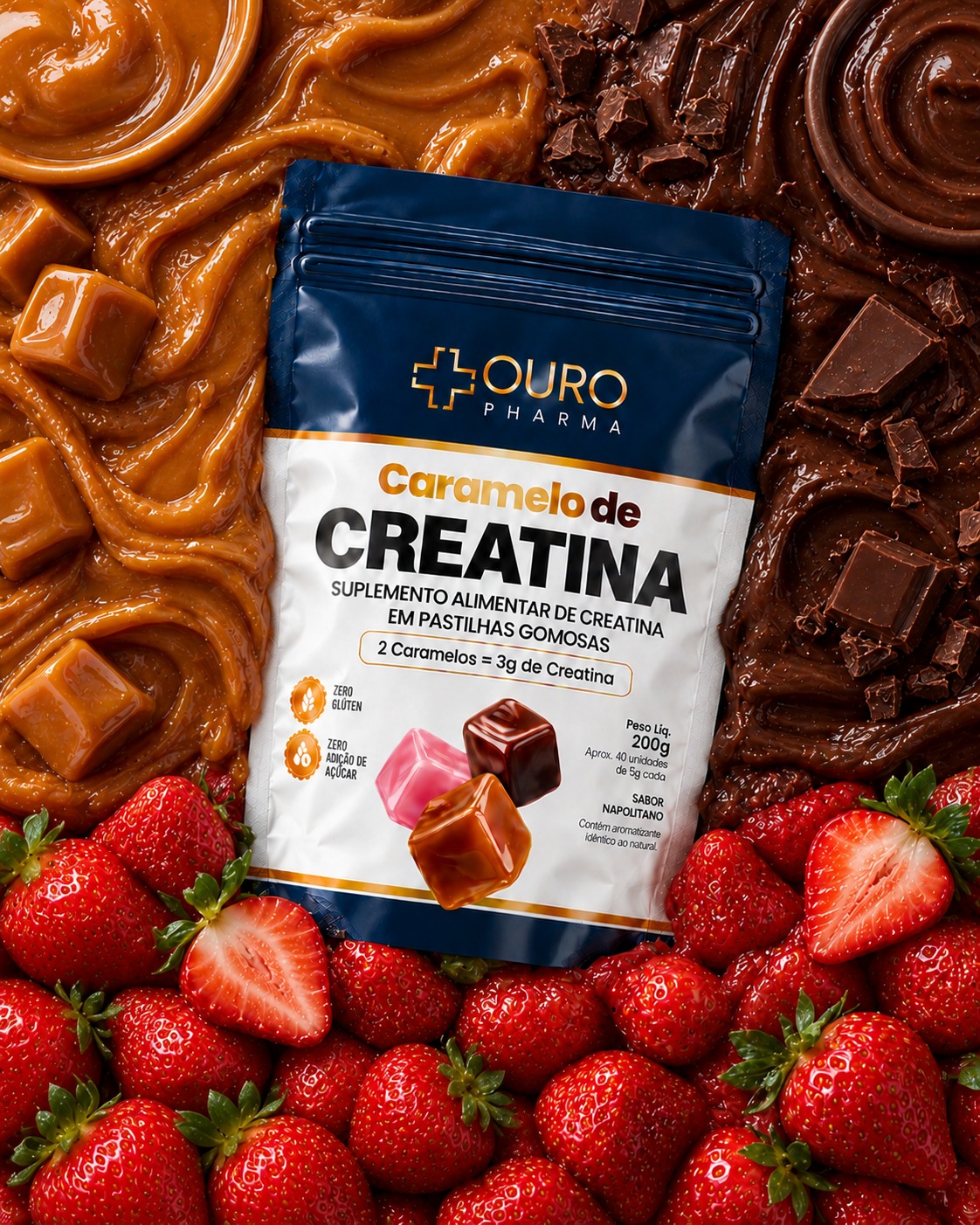 Caramelo de Creatina sabor napolitano com morangos e chocolate